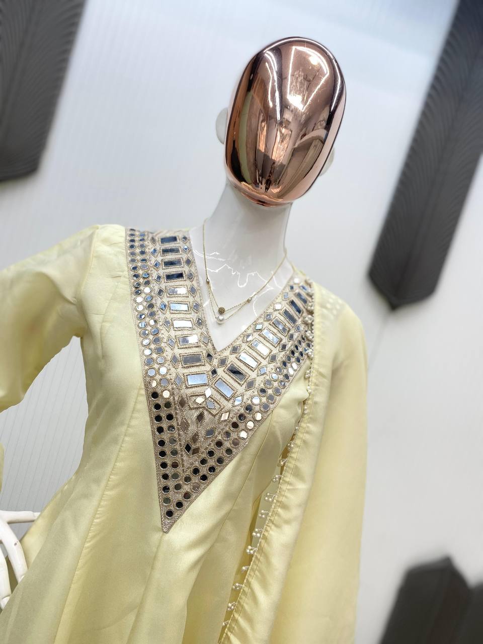 Real Mirror Embroidery Work Cosmos Silk Designer Top Palazzo Set with Dupatta