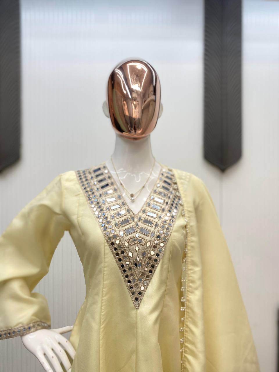 Real Mirror Embroidery Work Cosmos Silk Designer Top Palazzo Set with Dupatta