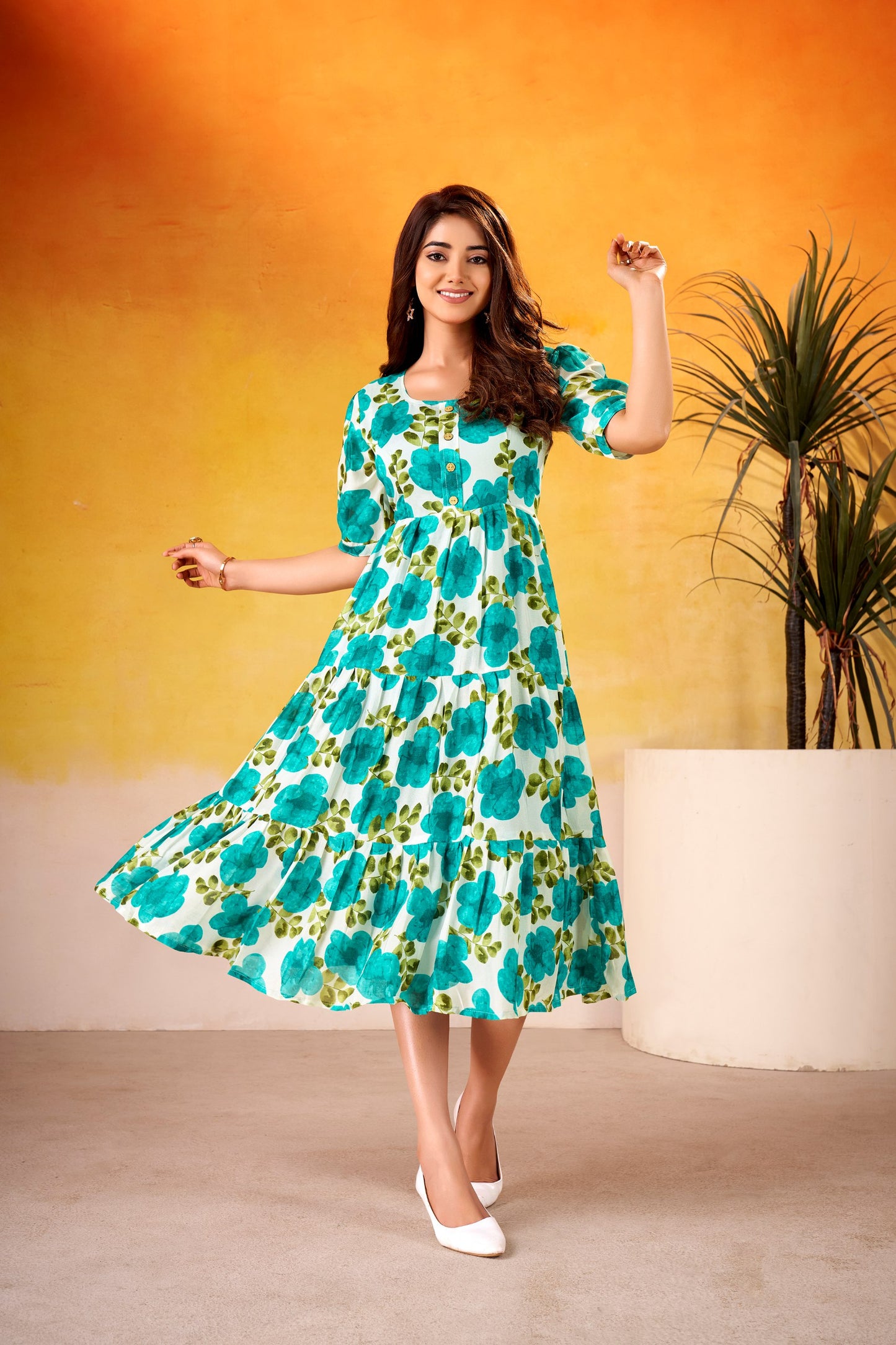 Floral Print Designer Vichitra Silk Western Style Frock Dress