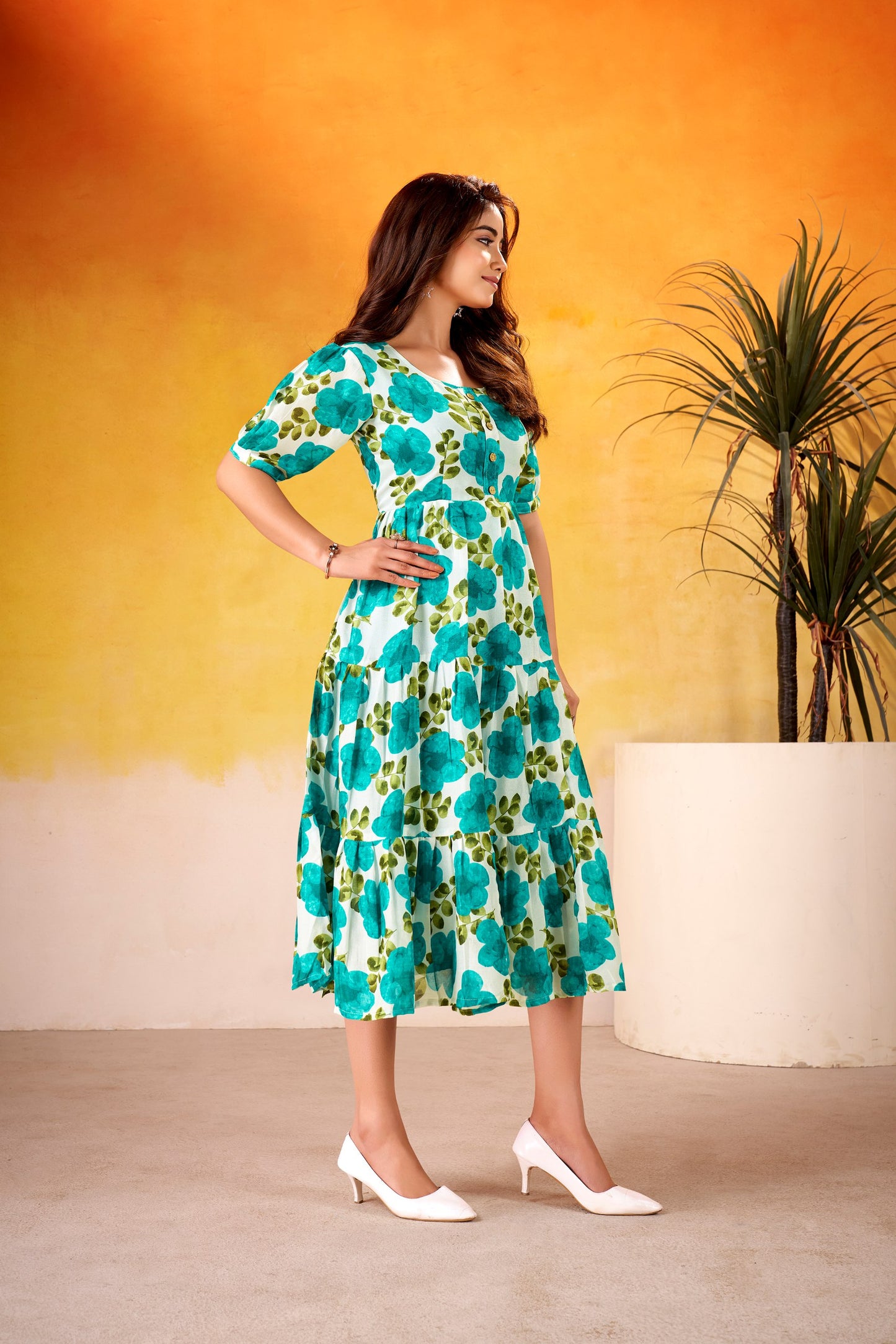 Floral Print Designer Vichitra Silk Western Style Frock Dress