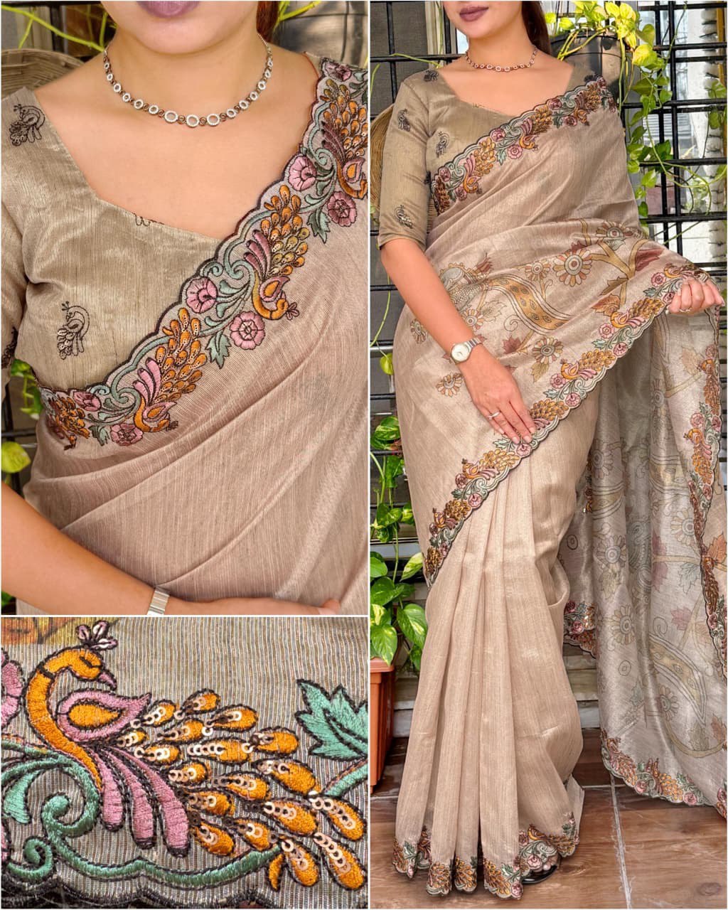 Kalamkari Multi Threadwork & Sequins Border Black Berry Silk Designer Saree with Blouse