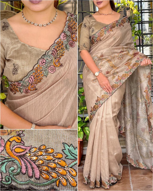 Kalamkari Multi Threadwork & Sequins Border Black Berry Silk Designer Saree with Blouse
