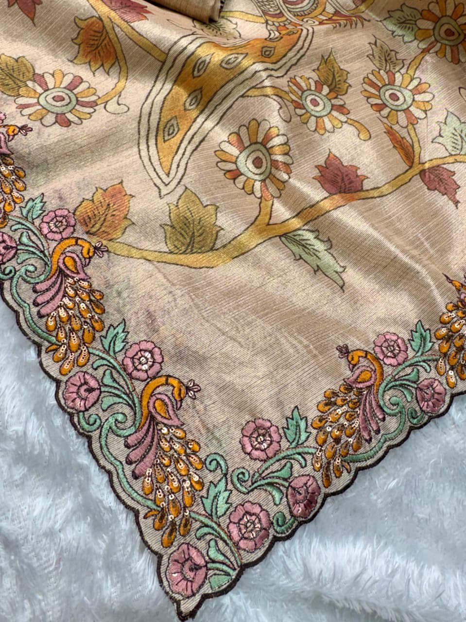 Kalamkari Multi Threadwork & Sequins Border Black Berry Silk Designer Saree with Blouse