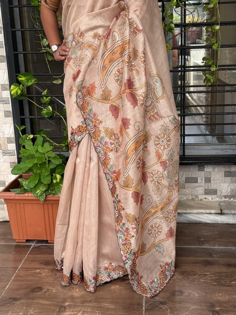 Kalamkari Multi Threadwork & Sequins Border Black Berry Silk Designer Saree with Blouse