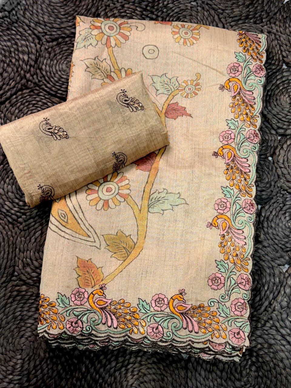 Kalamkari Multi Threadwork & Sequins Border Black Berry Silk Designer Saree with Blouse