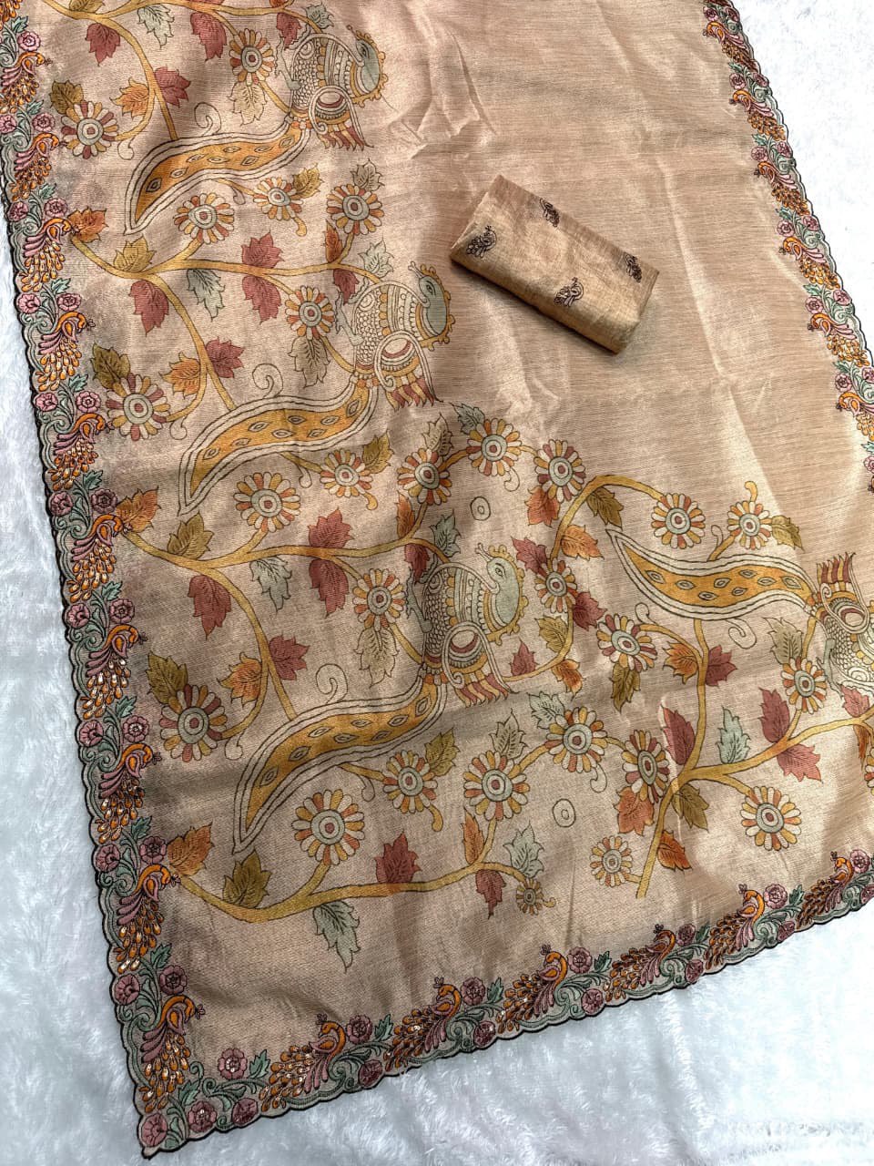 Kalamkari Multi Threadwork & Sequins Border Black Berry Silk Designer Saree with Blouse