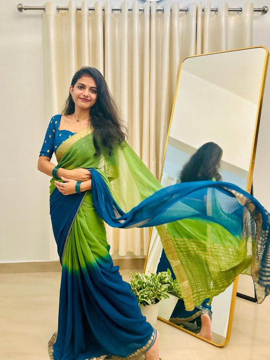 Pure Viscose Dual Shade Zari Weaving  Georgette Saree with Blouse