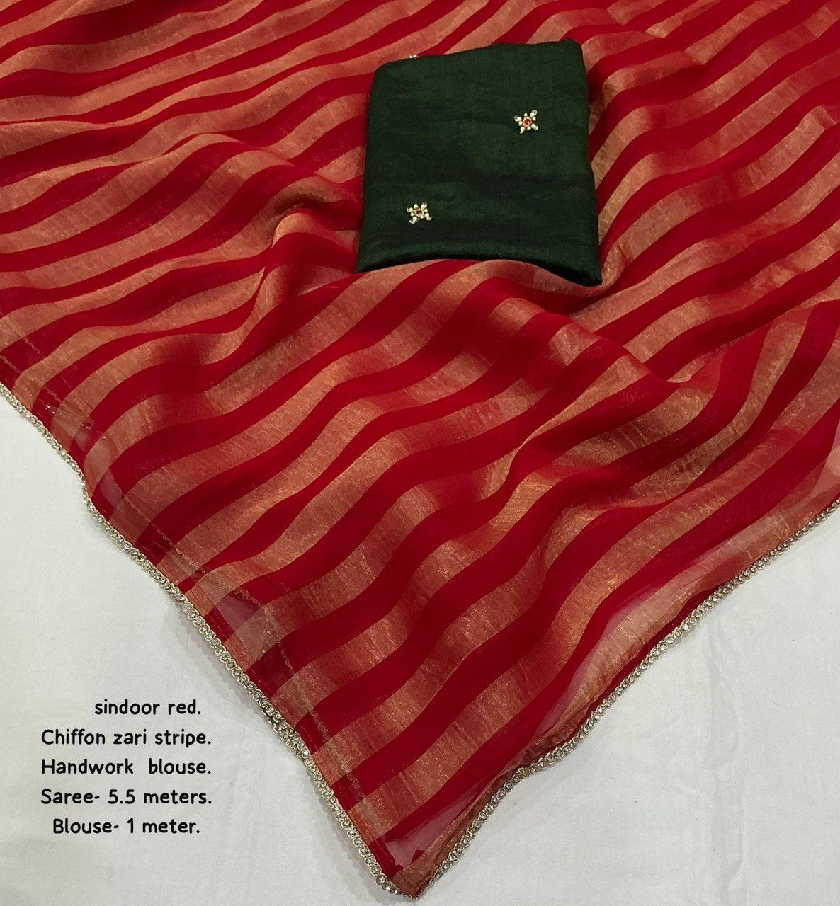 Premium Zari Woven Striped Chiffon Saree with Contrast Manipuri Georgette Handwork Blouse