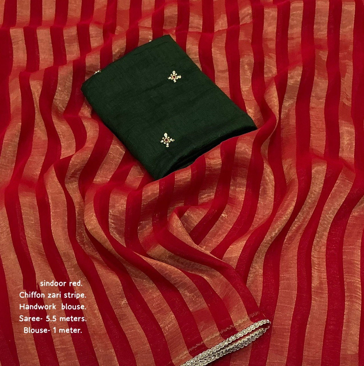 Premium Zari Woven Striped Chiffon Saree with Contrast Manipuri Georgette Handwork Blouse