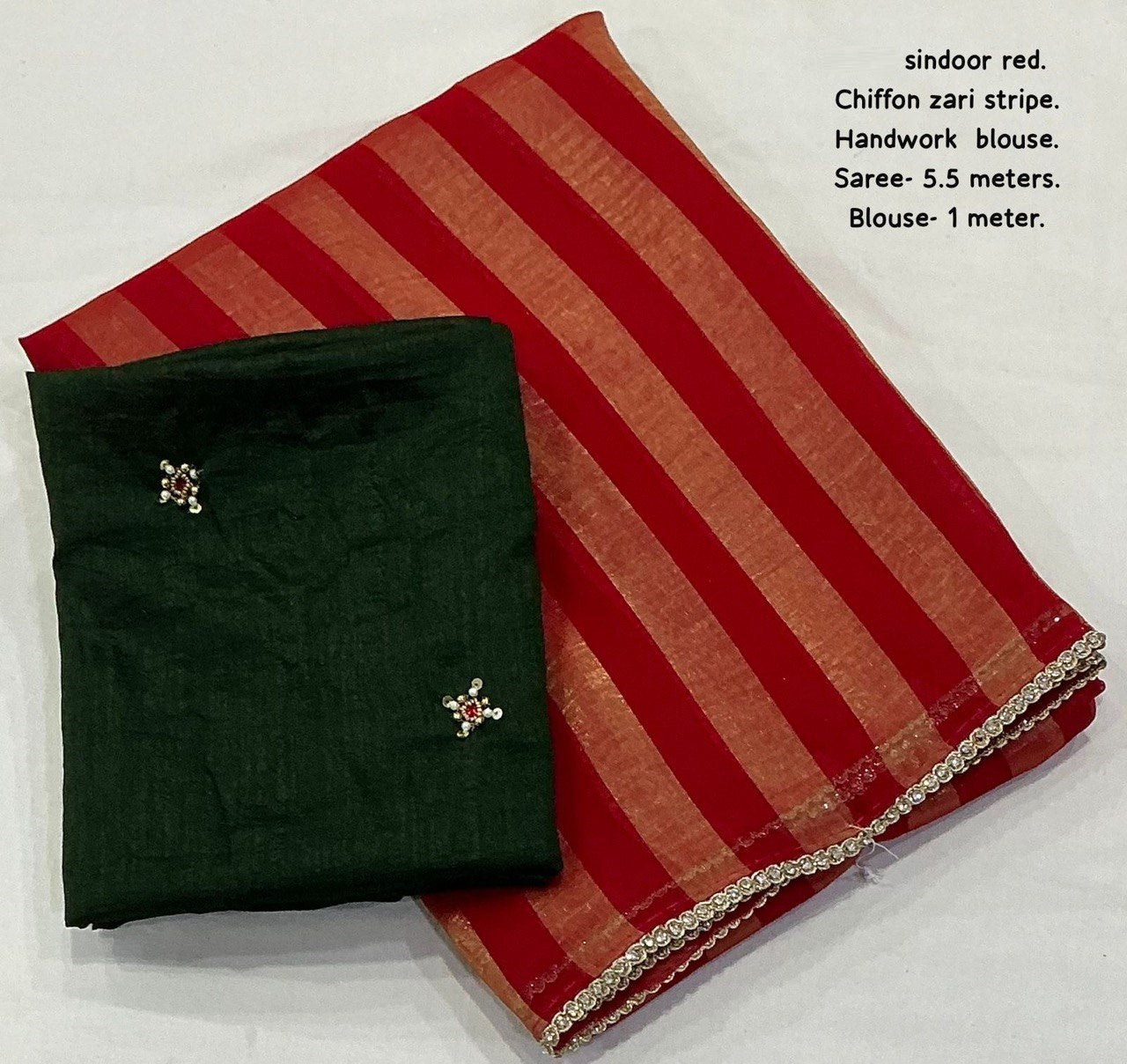 Premium Zari Woven Striped Chiffon Saree with Contrast Manipuri Georgette Handwork Blouse