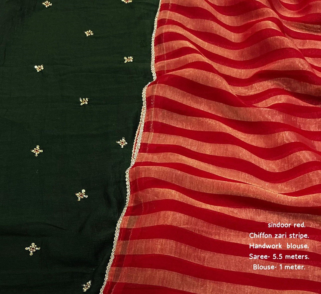 Premium Zari Woven Striped Chiffon Saree with Contrast Manipuri Georgette Handwork Blouse