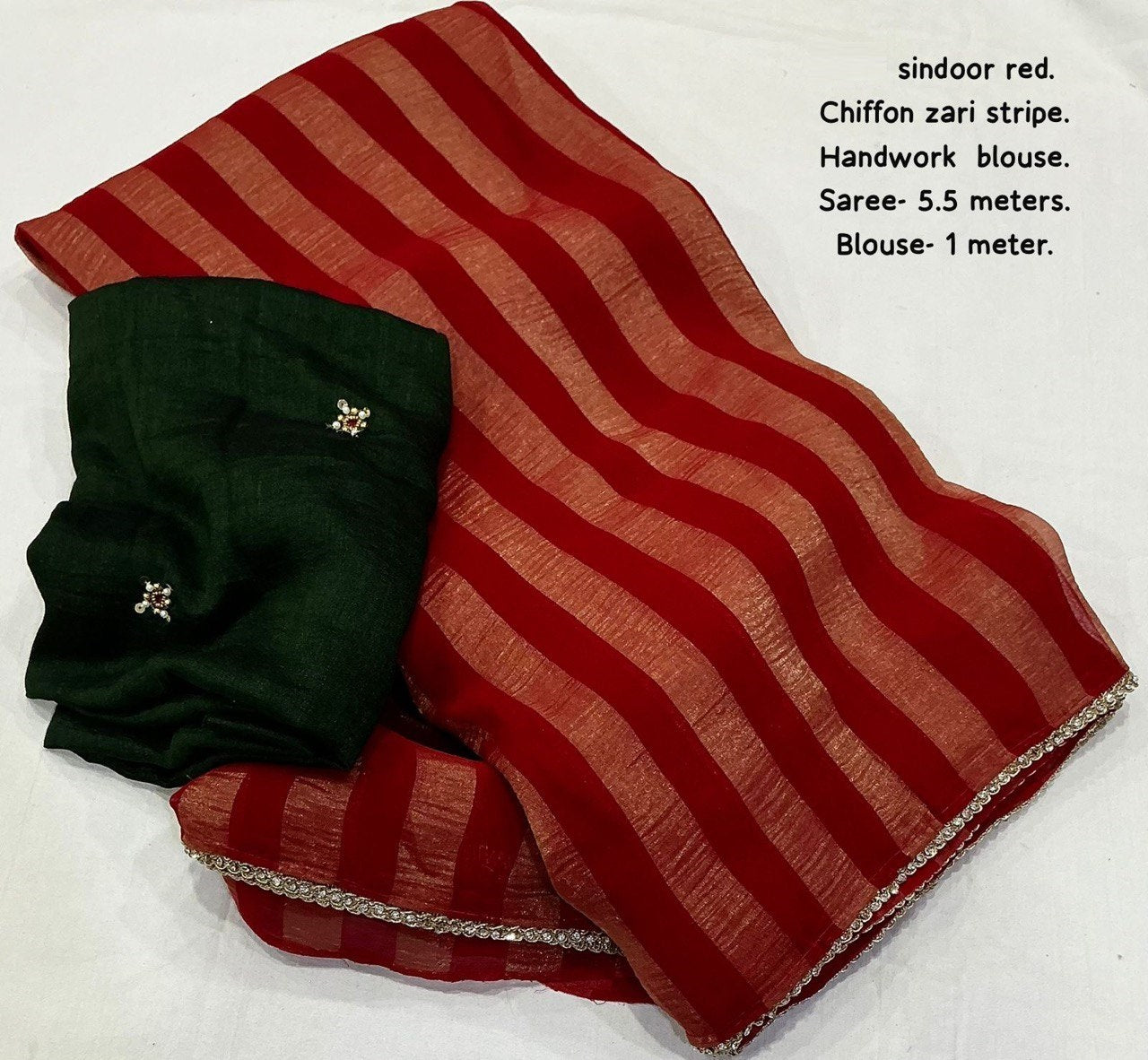 Premium Zari Woven Striped Chiffon Saree with Contrast Manipuri Georgette Handwork Blouse