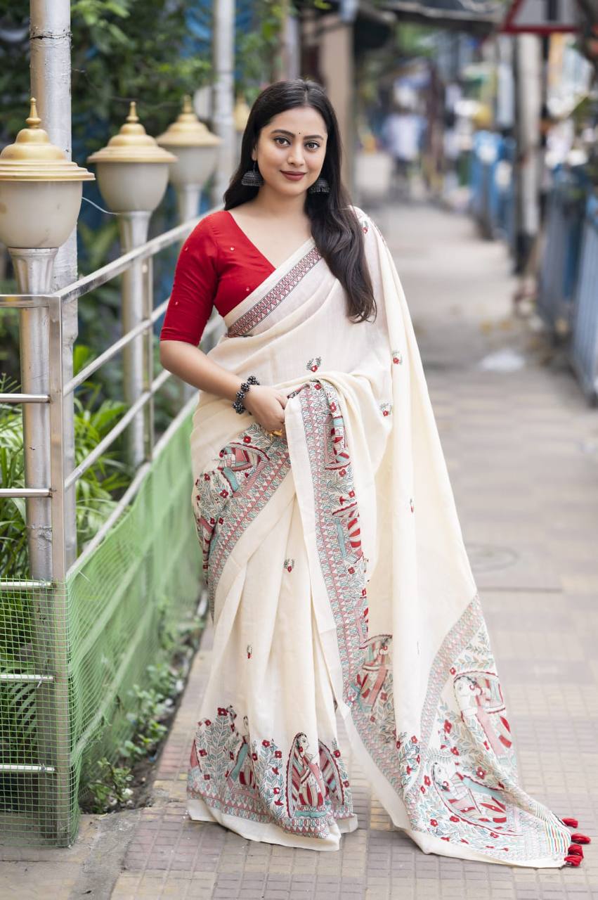 Madhubani Linen Printed Saree with Aari Mirror Work & Contrast Red Blouse