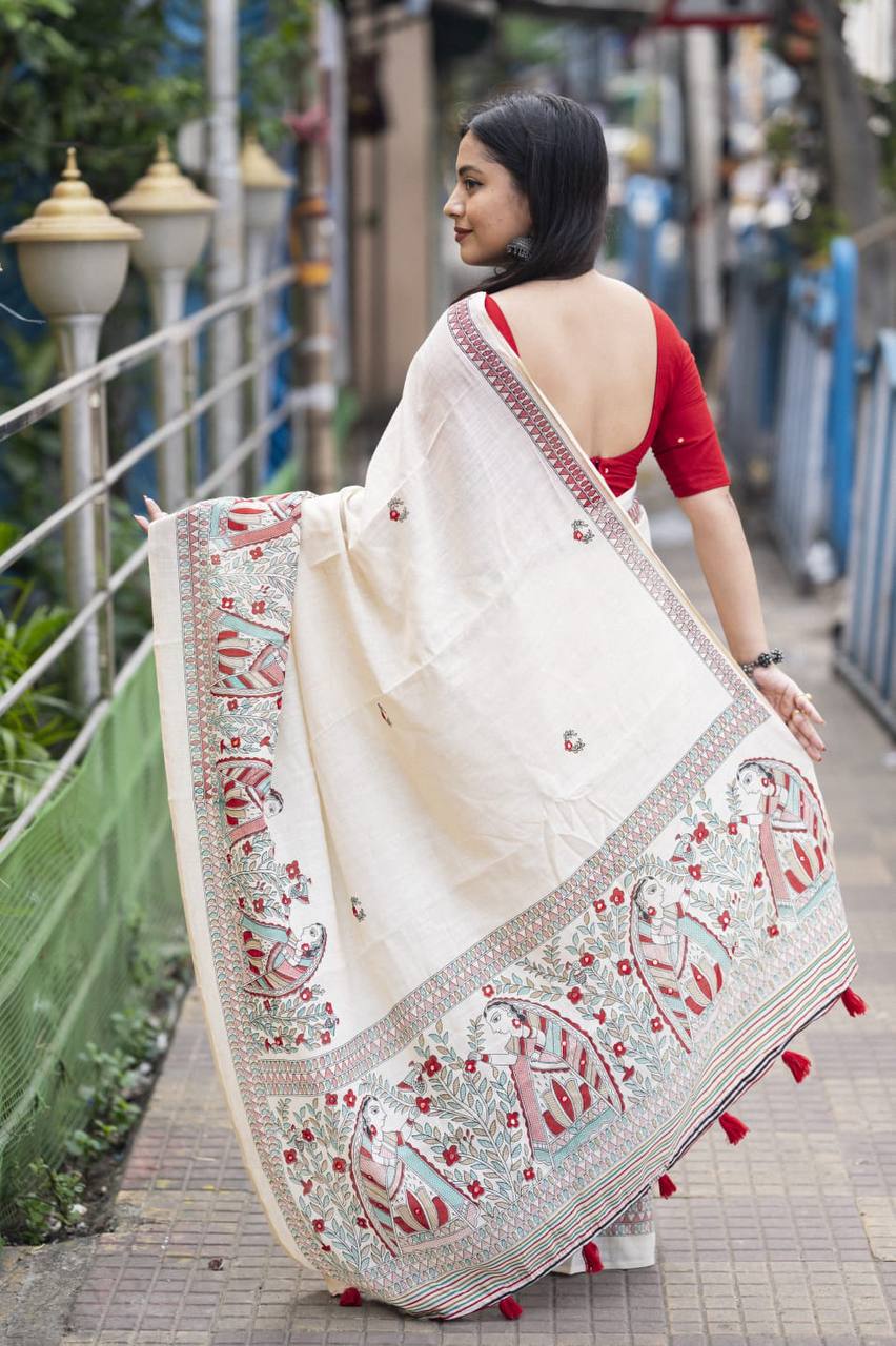 Madhubani Linen Printed Saree with Aari Mirror Work & Contrast Red Blouse