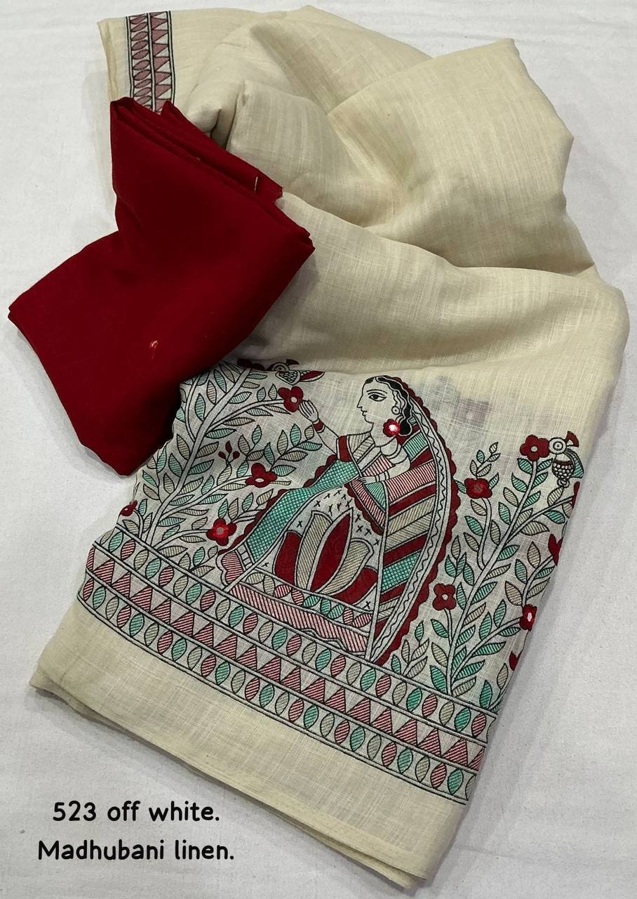 Madhubani Linen Printed Saree with Aari Mirror Work & Contrast Red Blouse