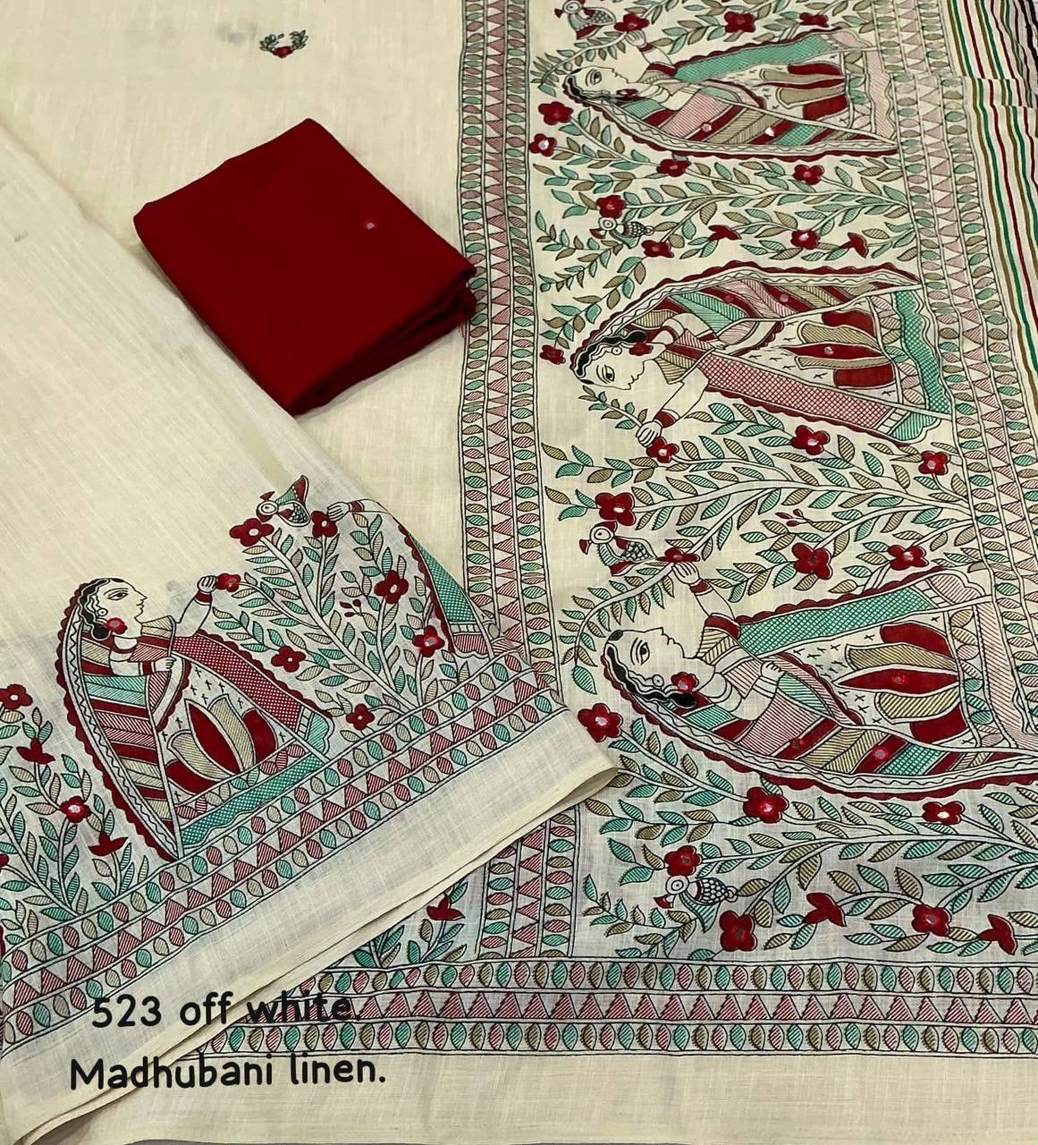 Madhubani Linen Printed Saree with Aari Mirror Work & Contrast Red Blouse