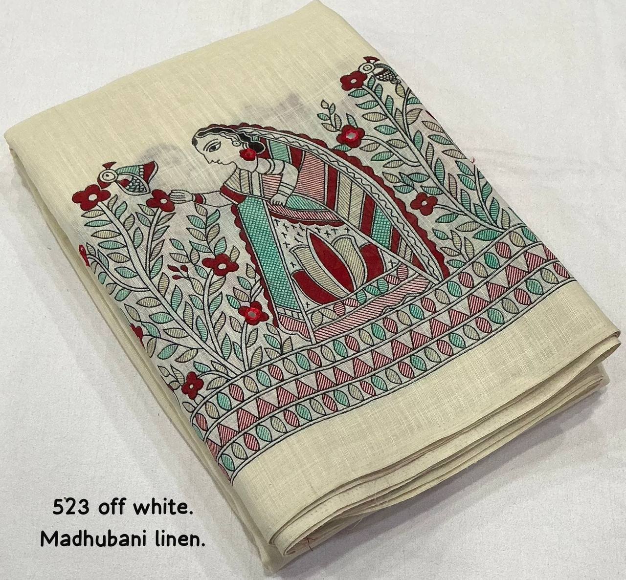 Madhubani Linen Printed Saree with Aari Mirror Work & Contrast Red Blouse