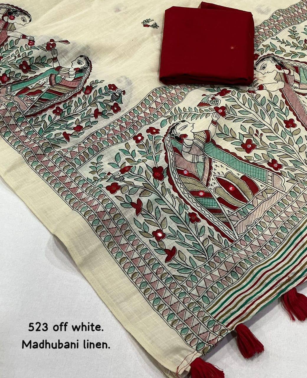 Madhubani Linen Printed Saree with Aari Mirror Work & Contrast Red Blouse