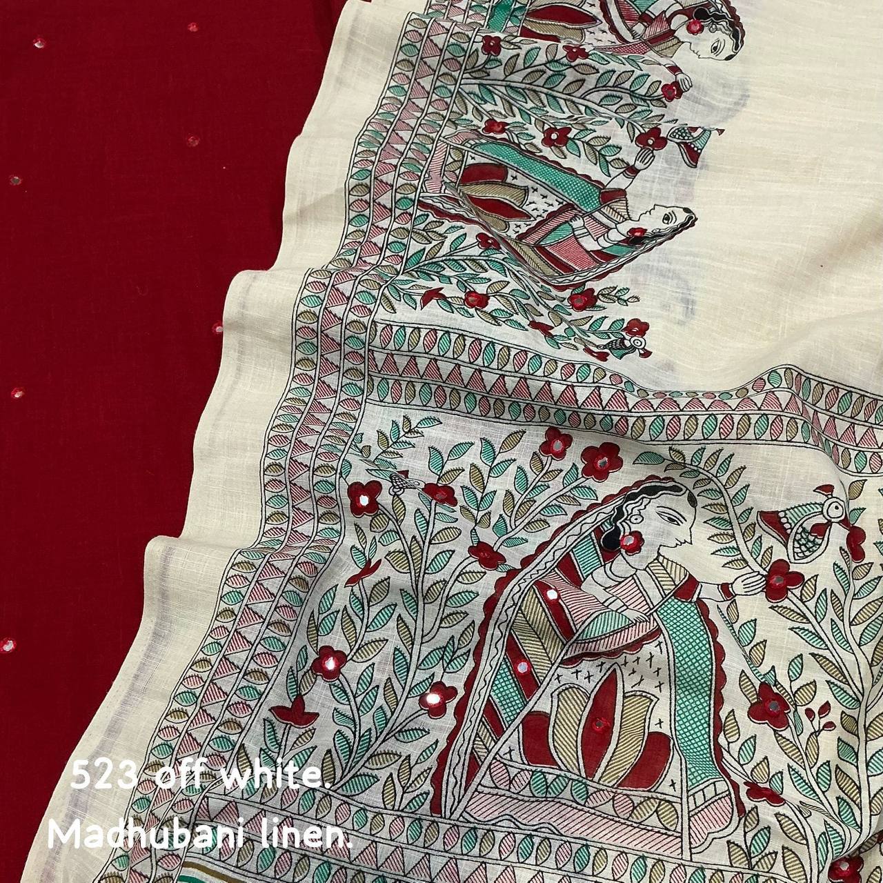 Madhubani Linen Printed Saree with Aari Mirror Work & Contrast Red Blouse