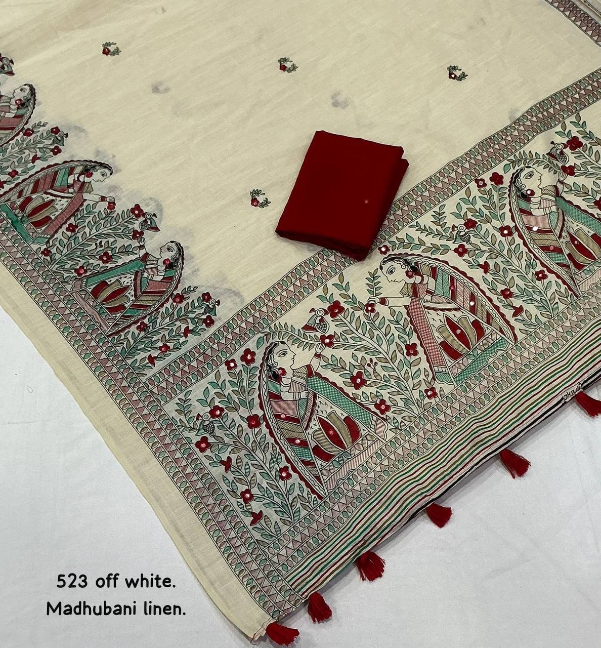 Madhubani Linen Printed Saree with Aari Mirror Work & Contrast Red Blouse