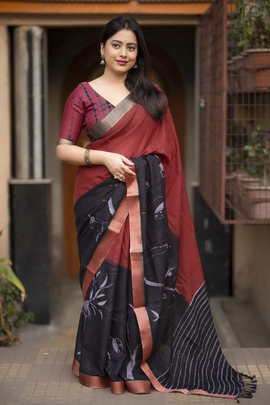 Hand-Painted Bird Art Pure Linen Handcrafted Saree with Contrast Shibori Blouse