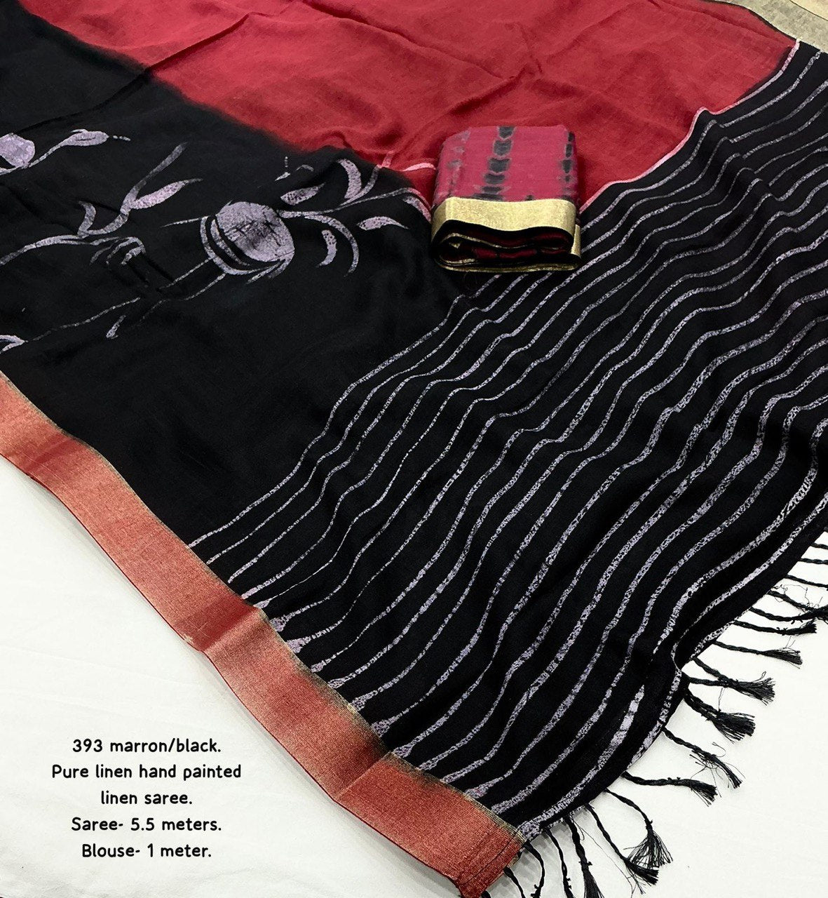 Hand-Painted Bird Art Pure Linen Handcrafted Saree with Contrast Shibori Blouse