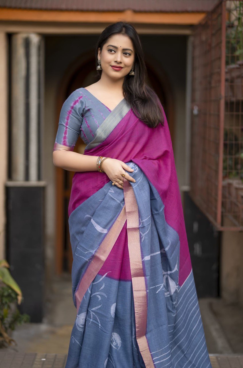 Hand-Painted Bird Art Pure Linen Handcrafted Saree with Contrast Shibori Blouse