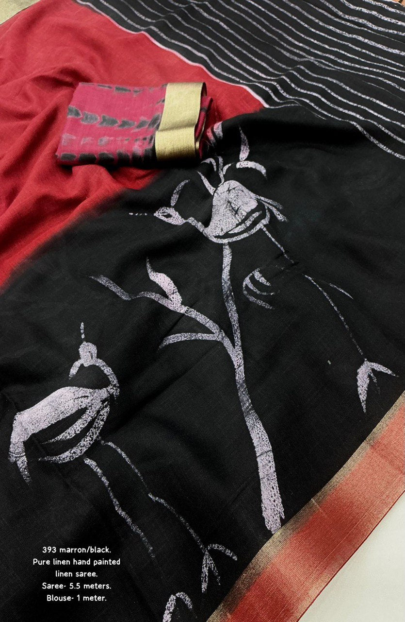 Hand-Painted Bird Art Pure Linen Handcrafted Saree with Contrast Shibori Blouse