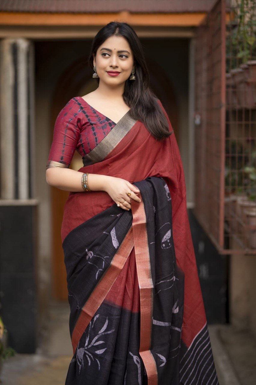 Hand-Painted Bird Art Pure Linen Handcrafted Saree with Contrast Shibori Blouse