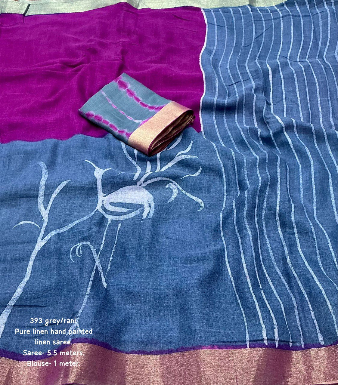 Hand-Painted Bird Art Pure Linen Handcrafted Saree with Contrast Shibori Blouse