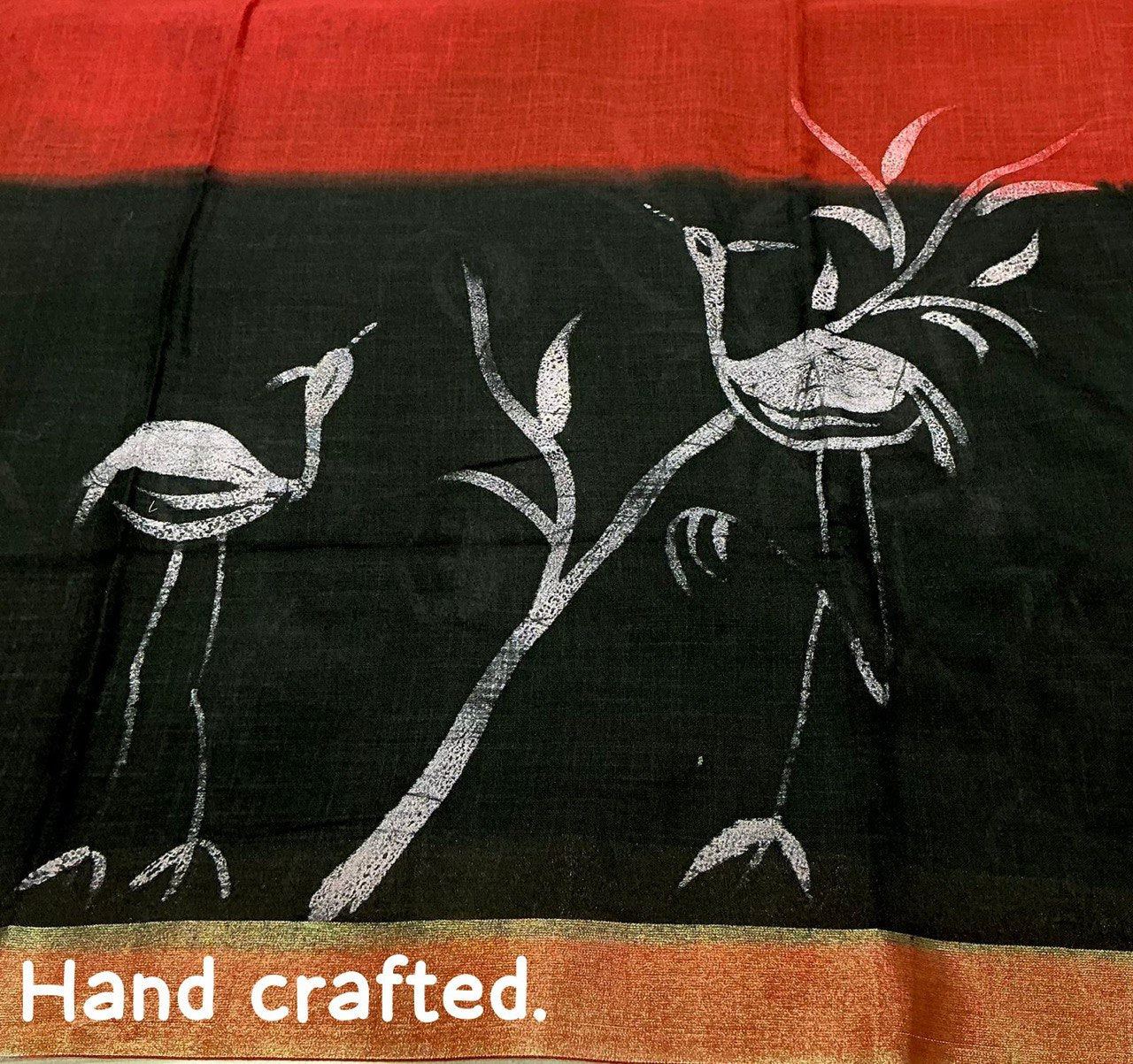 Hand-Painted Bird Art Pure Linen Handcrafted Saree with Contrast Shibori Blouse