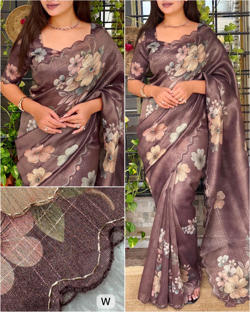 Sequins Beads & Zari Weaving Cutwork Border Metallic Tissue Cotton Saree With Blouse