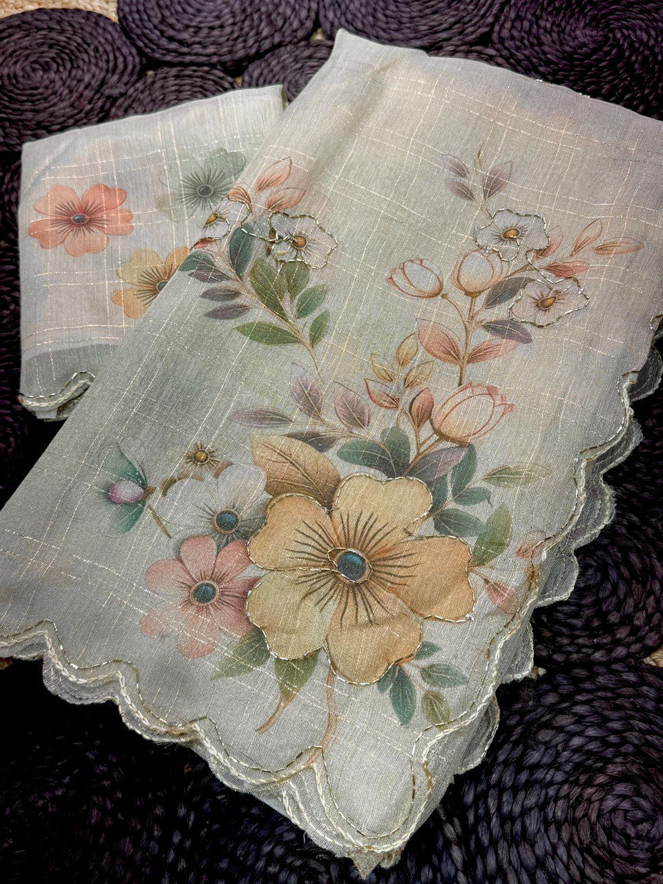 Sequins Beads & Zari Weaving Cutwork Border Metallic Tissue Cotton Saree With Blouse