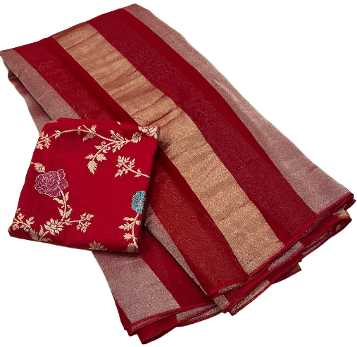 Premium Pure Organza Silk Saree with Zari Stripes & Banarasi Mina Blouse