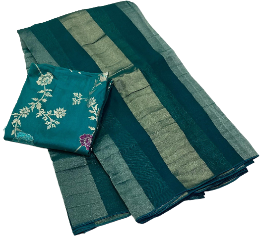 Premium Pure Organza Silk Saree with Zari Stripes & Banarasi Mina Blouse