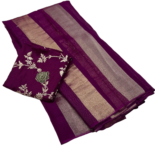Premium Pure Organza Silk Saree with Zari Stripes & Banarasi Mina Blouse
