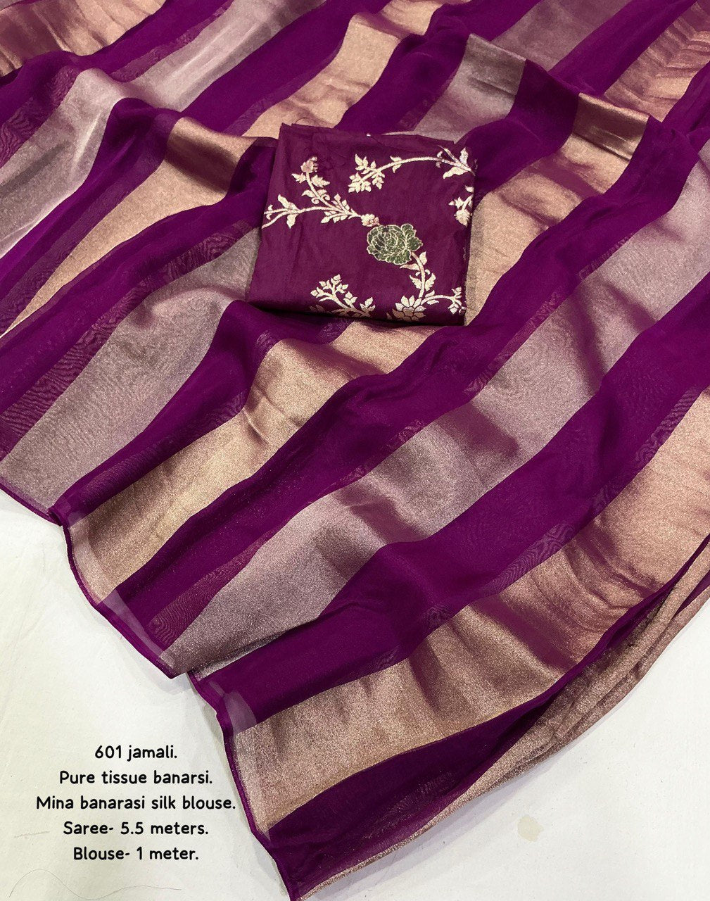 Premium Pure Organza Silk Saree with Zari Stripes & Banarasi Mina Blouse