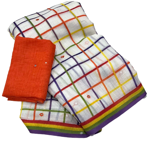 Aari Mirror Work Trendy Printed Designer Linen Saree With Running Blouse