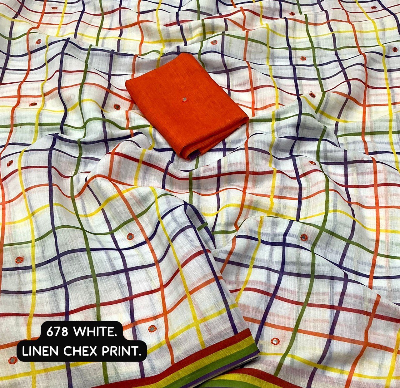 Aari Mirror Work Trendy Printed Designer Linen Saree With Running Blouse