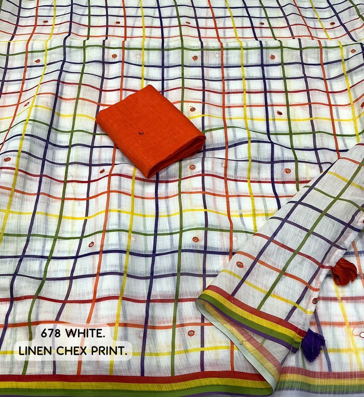 Aari Mirror Work Trendy Printed Designer Linen Saree With Running Blouse