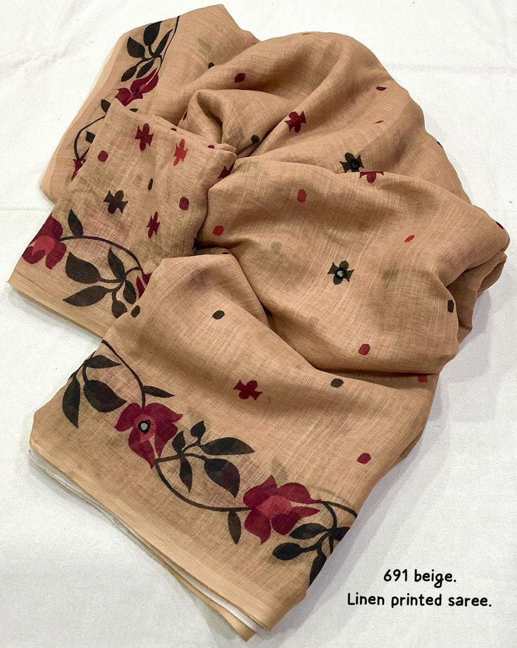 Aari Mirror Work Trendy Printed Designer Linen Saree With Running Blouse