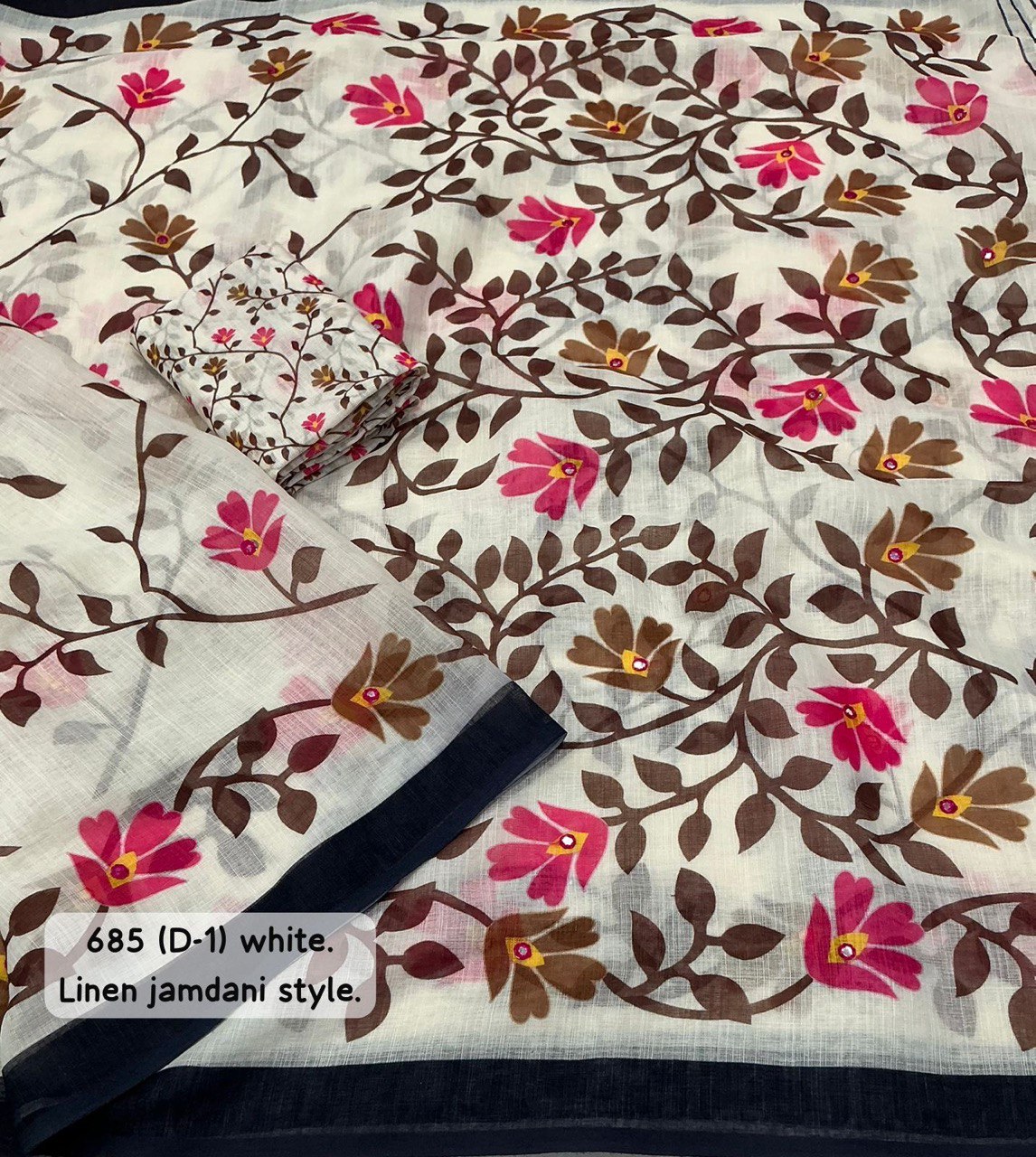 Aari Mirror Work Trendy Printed Designer Linen Saree With Running Blouse