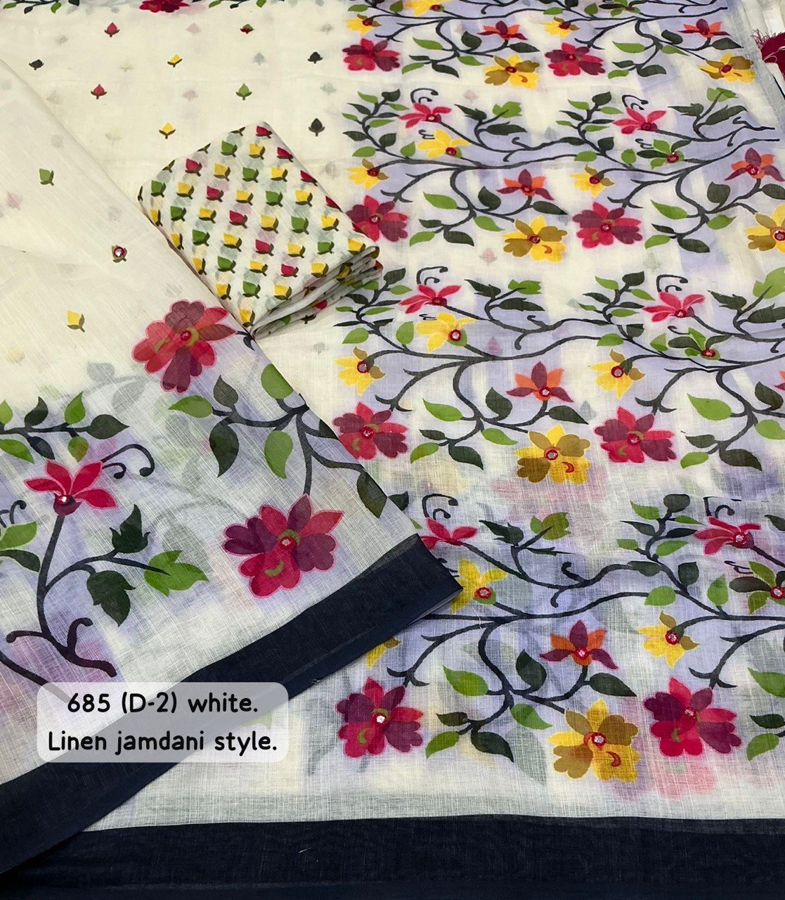 Aari Mirror Work Trendy Printed Designer Linen Saree With Running Blouse