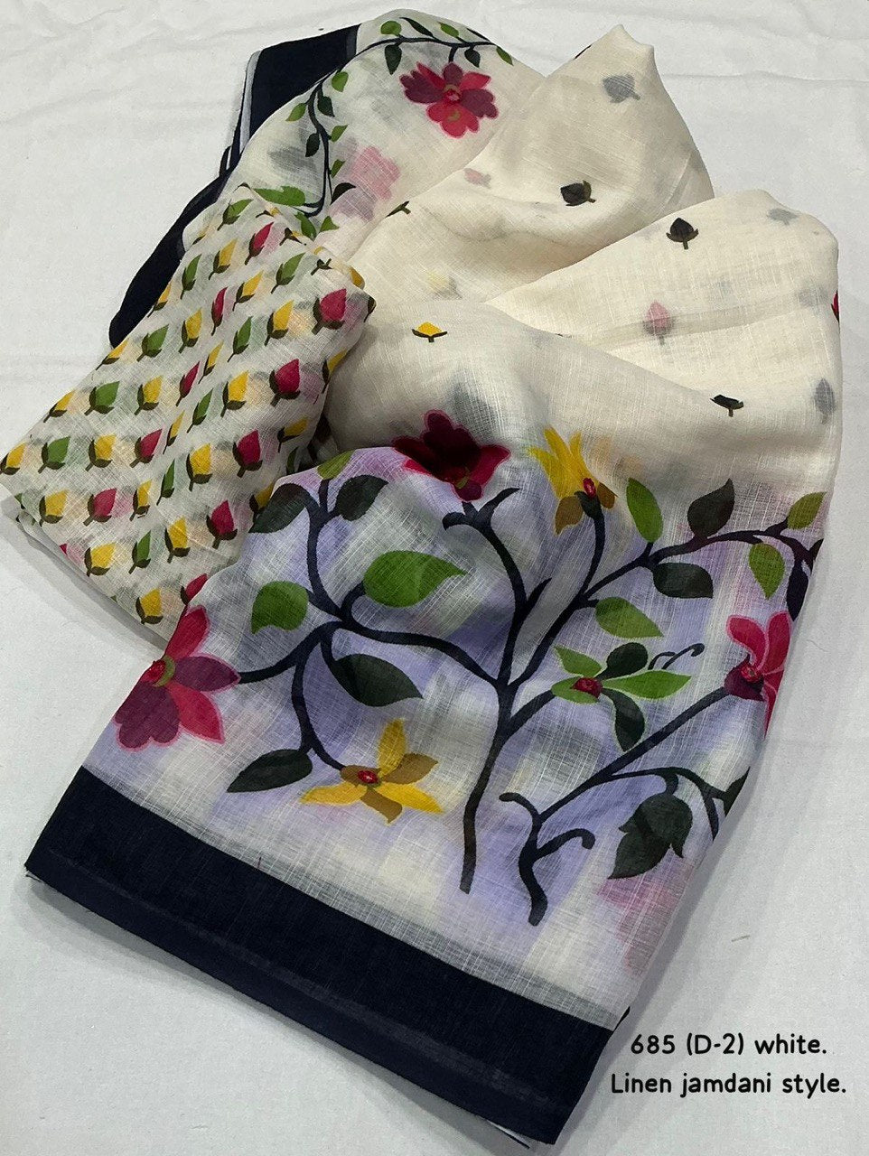 Aari Mirror Work Trendy Printed Designer Linen Saree With Running Blouse