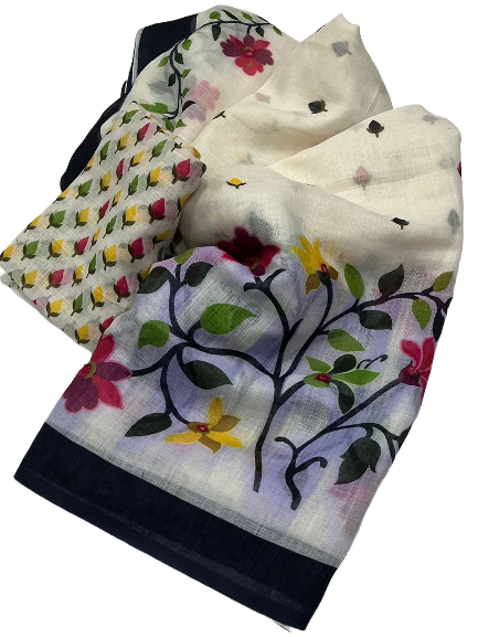 Aari Mirror Work Trendy Printed Designer Linen Saree With Running Blouse