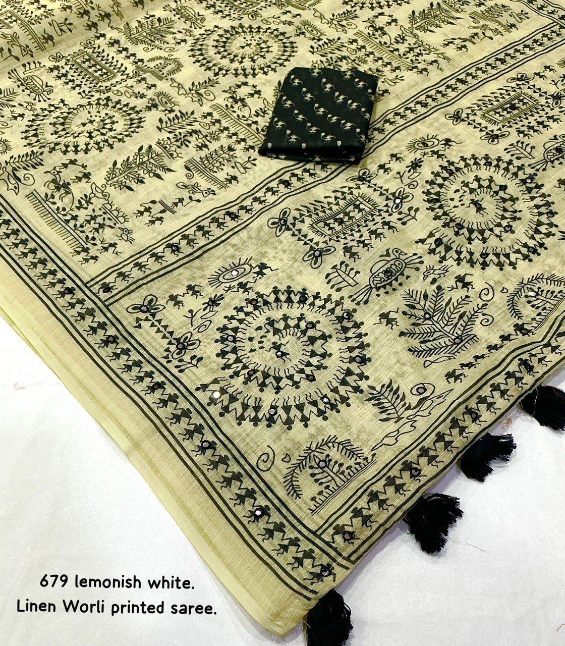 Aari Mirror Work Trendy Printed Designer Linen Saree With Running Blouse