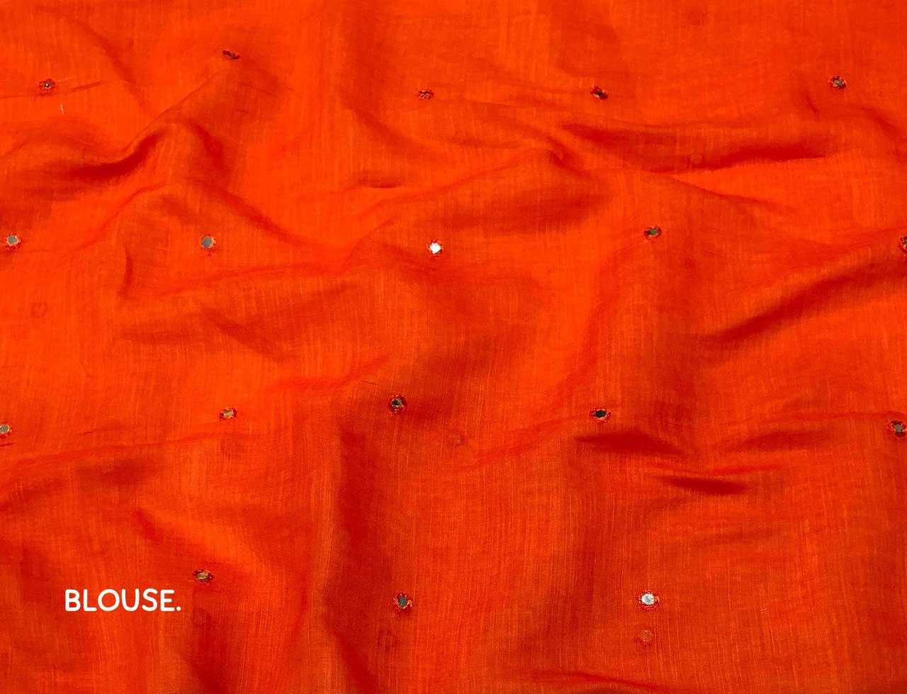 Aari Mirror Work Trendy Printed Designer Linen Saree With Running Blouse