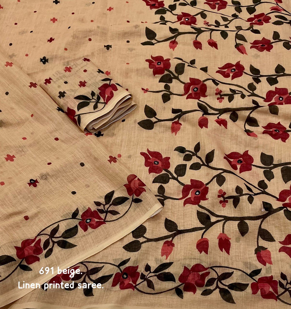 Aari Mirror Work Trendy Printed Designer Linen Saree With Running Blouse