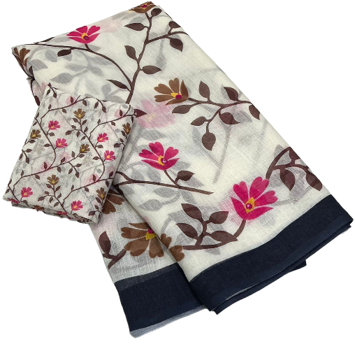 Aari Mirror Work Trendy Printed Designer Linen Saree With Running Blouse