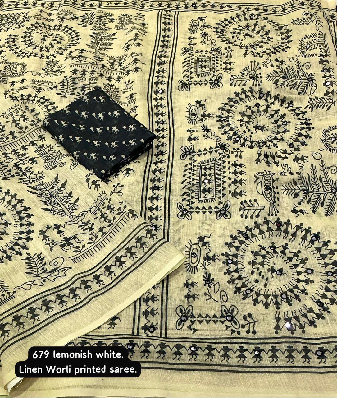 Aari Mirror Work Trendy Printed Designer Linen Saree With Running Blouse